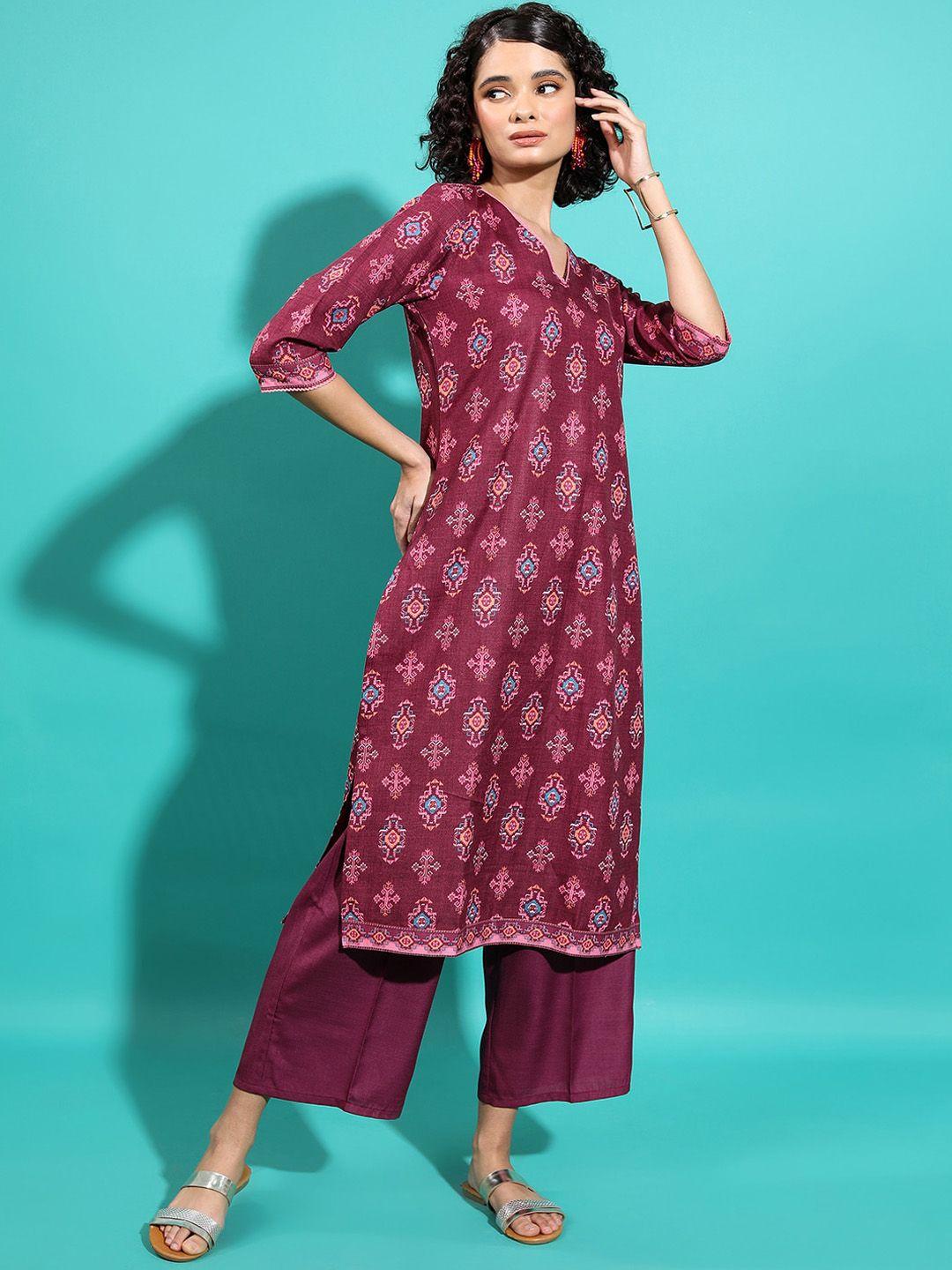 vishudh floral printed straight kurta & palazzos with dupatta