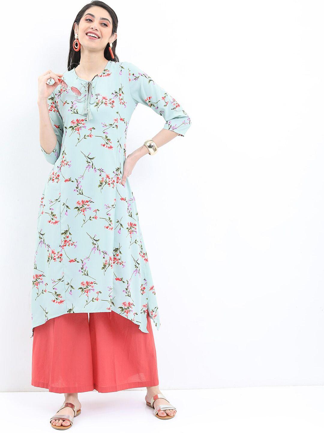 vishudh floral printed tie up neck cotton a-line kurta