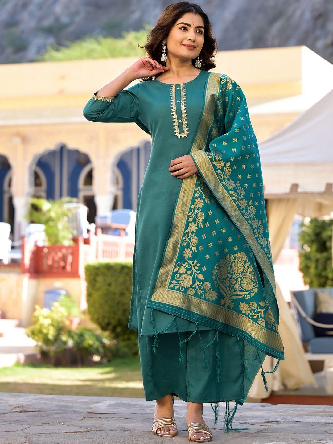 vishudh green & gold toned round neck embellished straight kurta & palazzos with dupatta