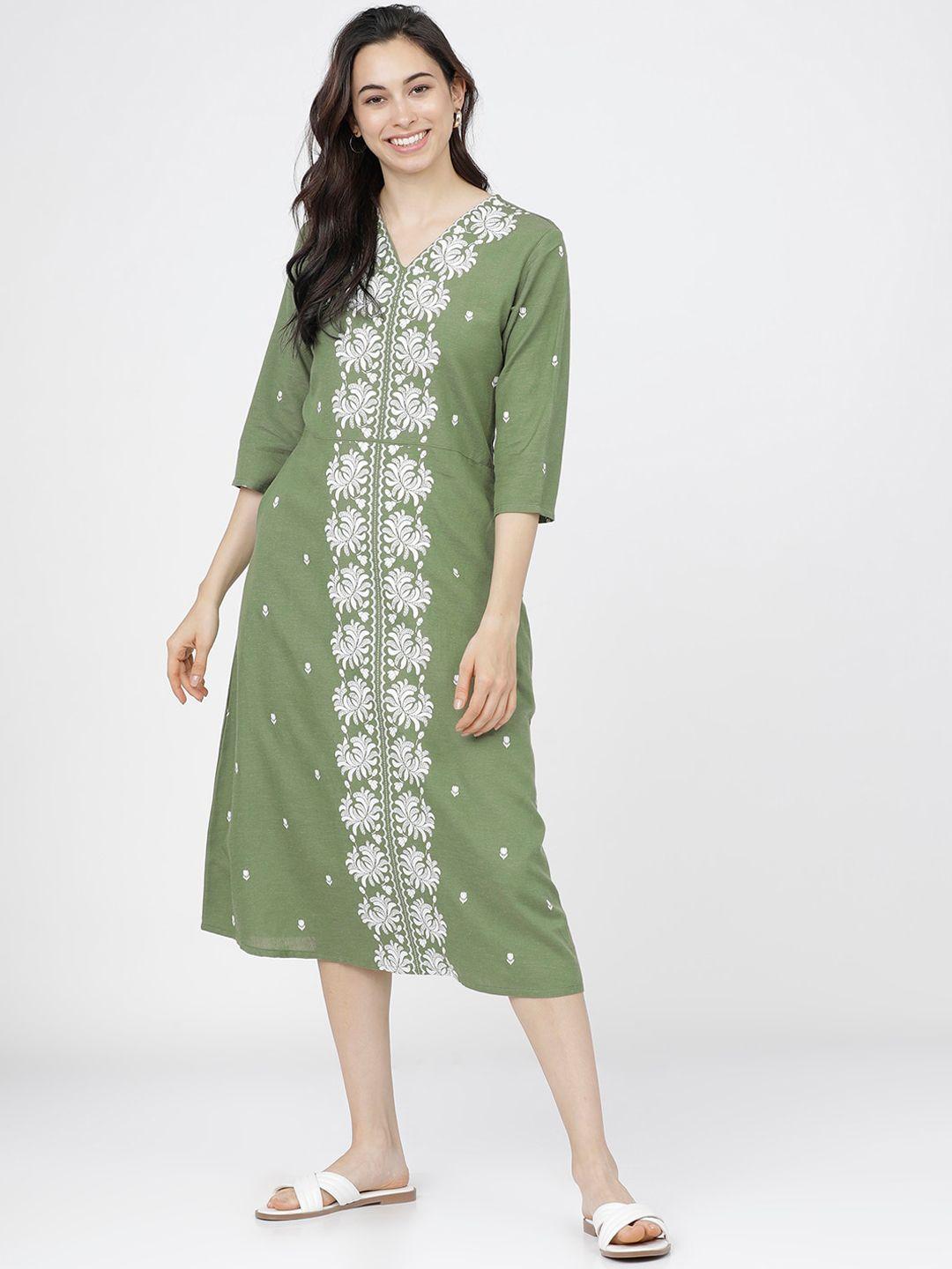 vishudh green ethnic motifs ethnic a-line midi dress