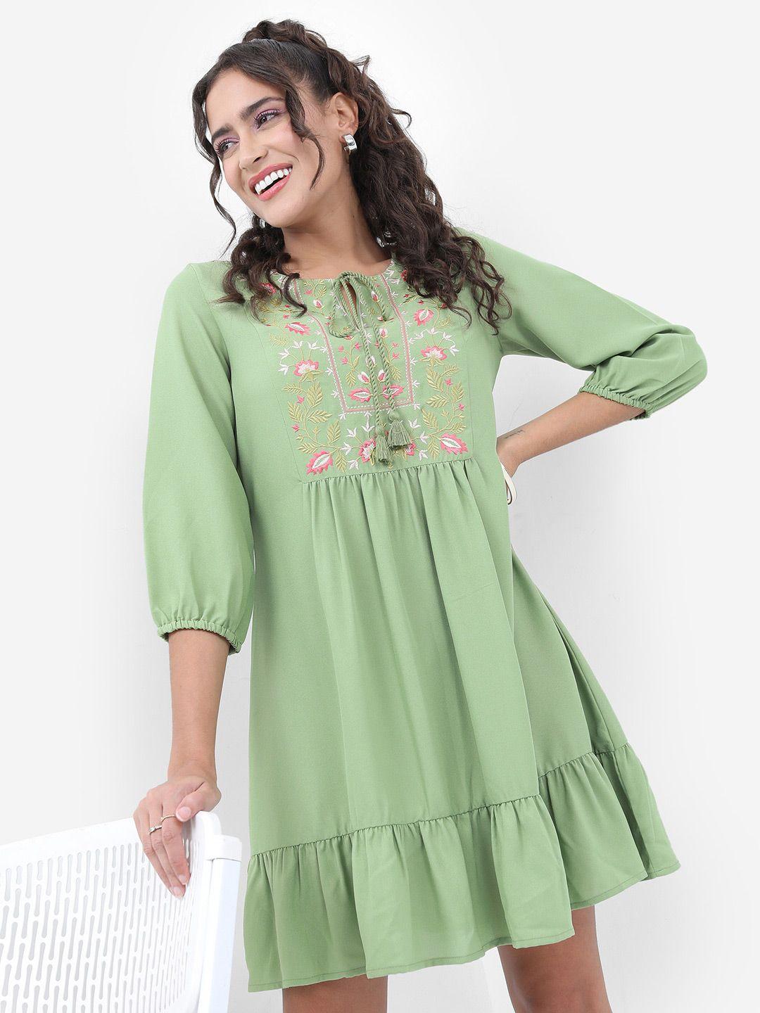 vishudh green floral embroidered gathered puff sleeves a-line dress