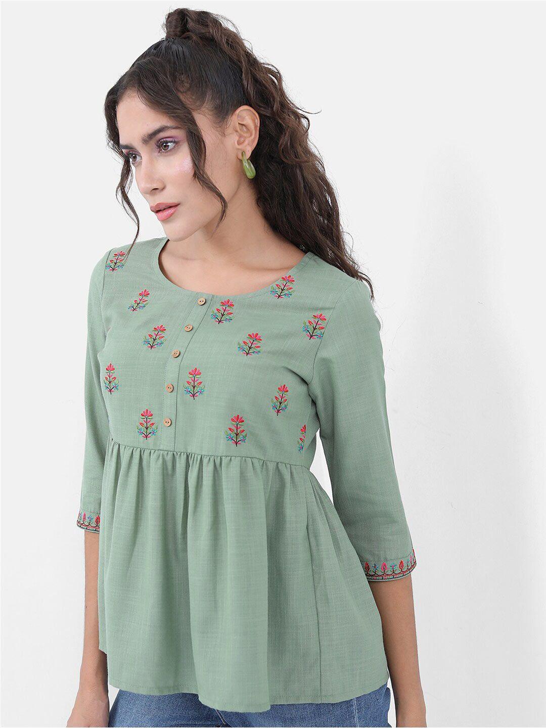 vishudh green floral embroidered round neck peplum top