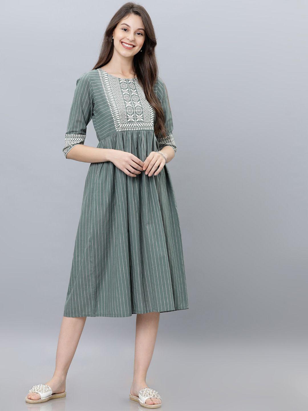 vishudh green striped fit and flare dress