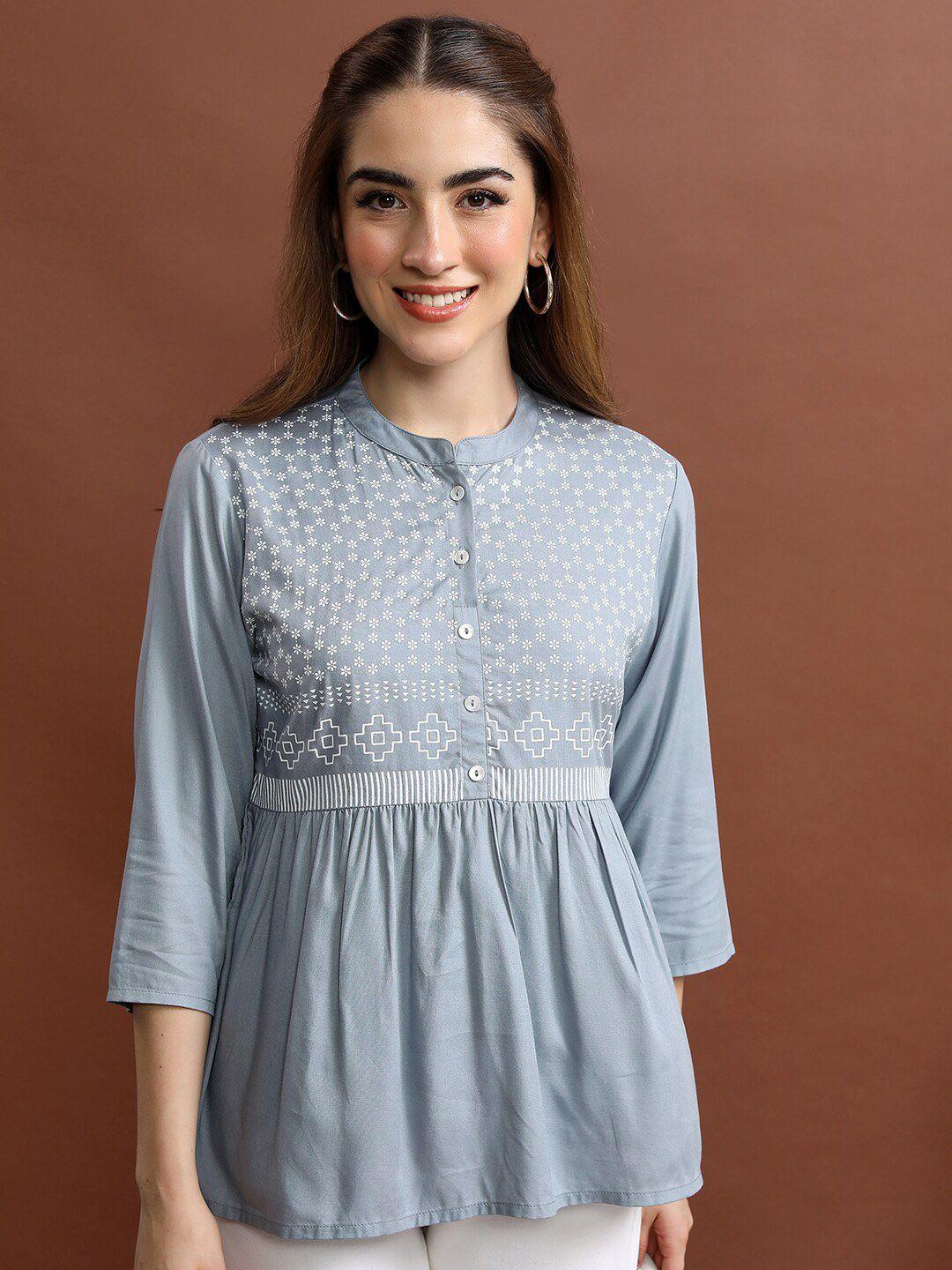 vishudh grey geometric printed mandarin collar top