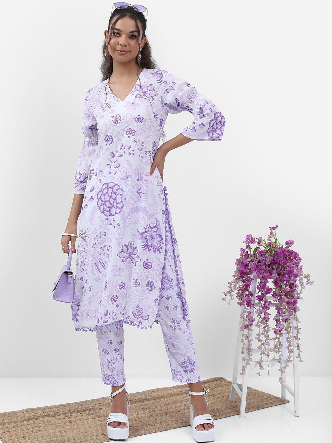 vishudh lavender & white floral printed straight regular kurta with trousers