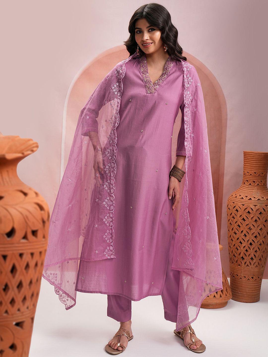 vishudh lavender ethnic motifs embroidered pure cotton kurta with trousers & dupatta