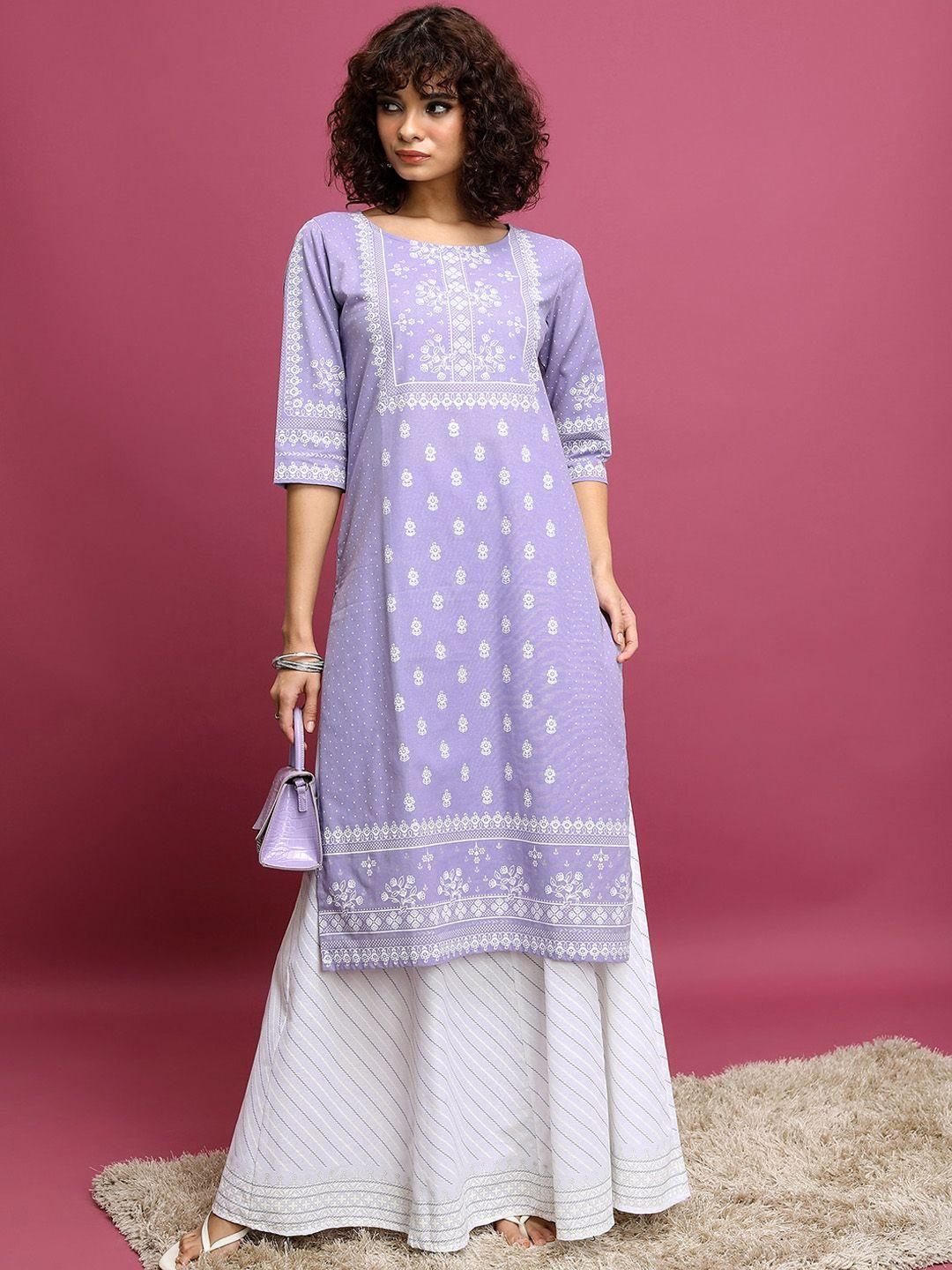 vishudh lavender ethnic motifs printed round neck pure cotton kurta & skirt