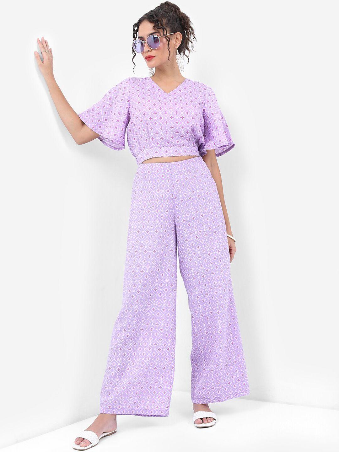 vishudh lavender printed crop top & palazzos co-ords