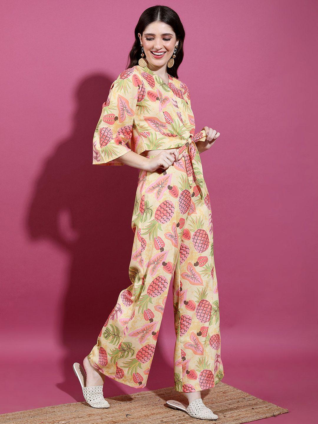 vishudh light yellow printed top & trousers co-ord