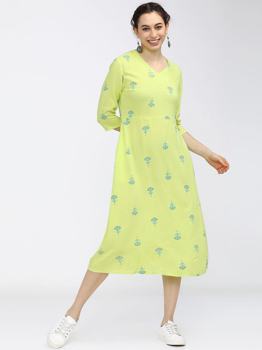 vishudh lime green ethnic a-line midi dress