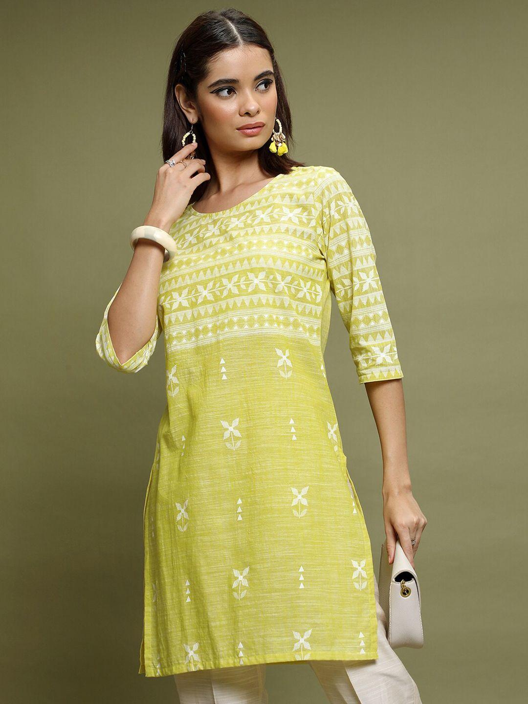 vishudh lime green geometric printed cotton kurti