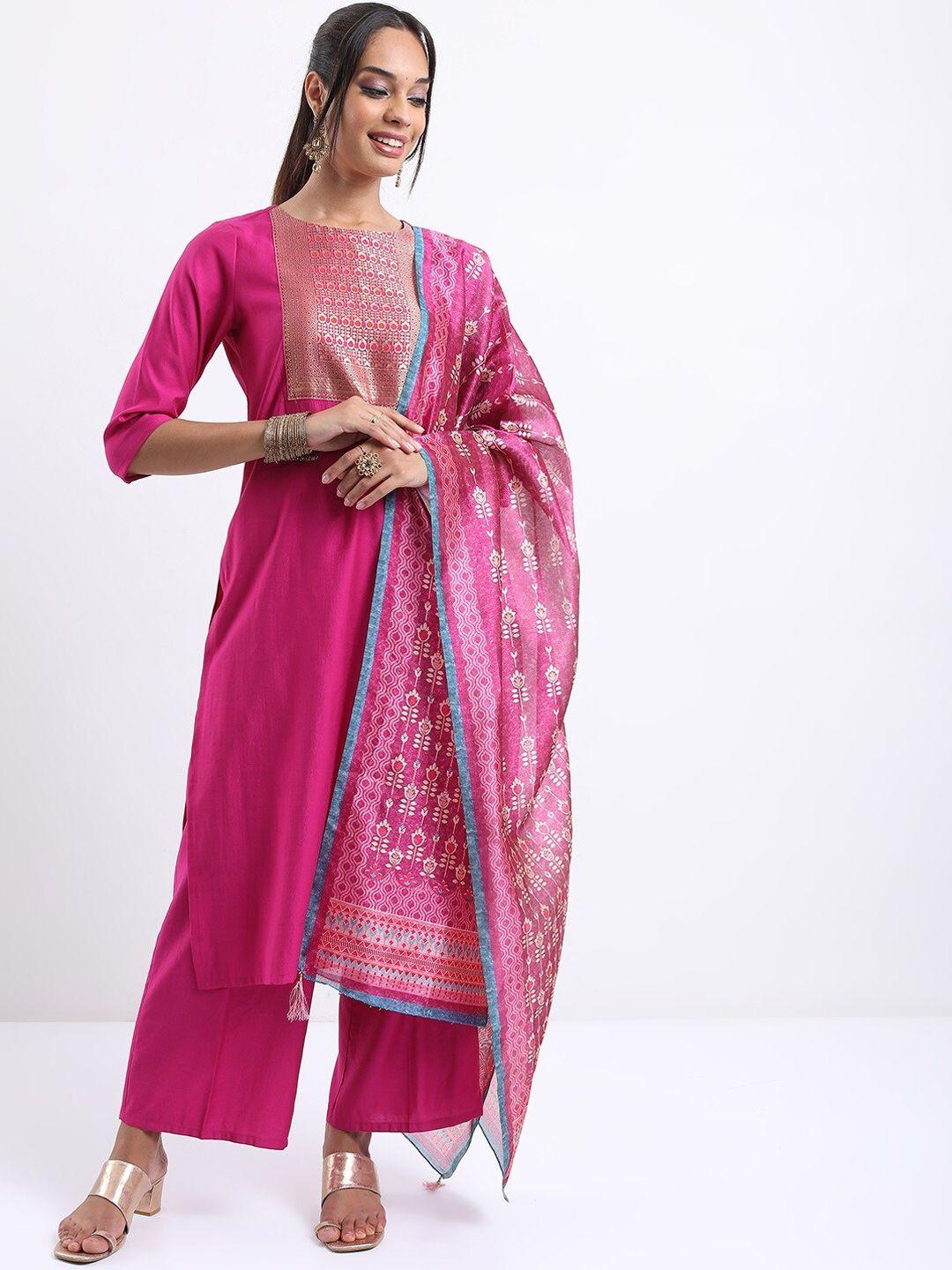 vishudh magenta ethnic motifs yoke design regular kurta with palazzos & with dupatta