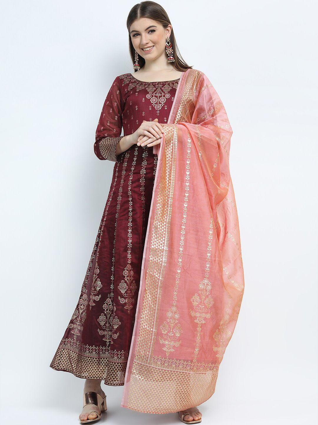 vishudh maroon ethnic motifs ethnic maxi dress with dupatta