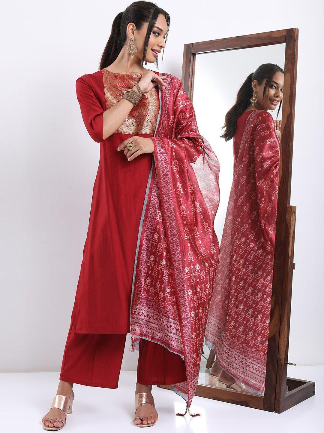 vishudh maroon ethnic motifs printed regular kurta with palazzos & with dupatta