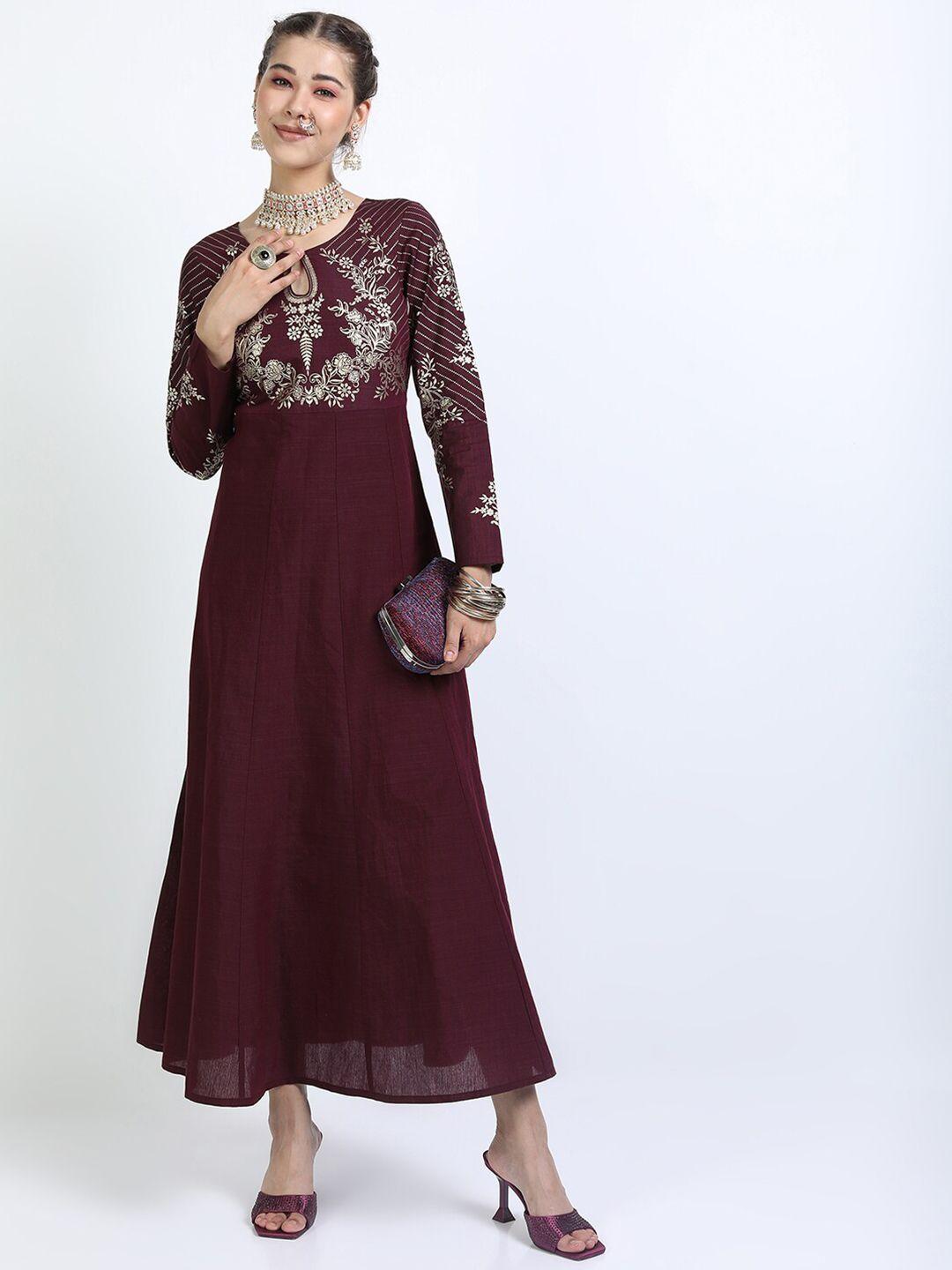 vishudh maroon floral keyhole neck ethnic maxi dress