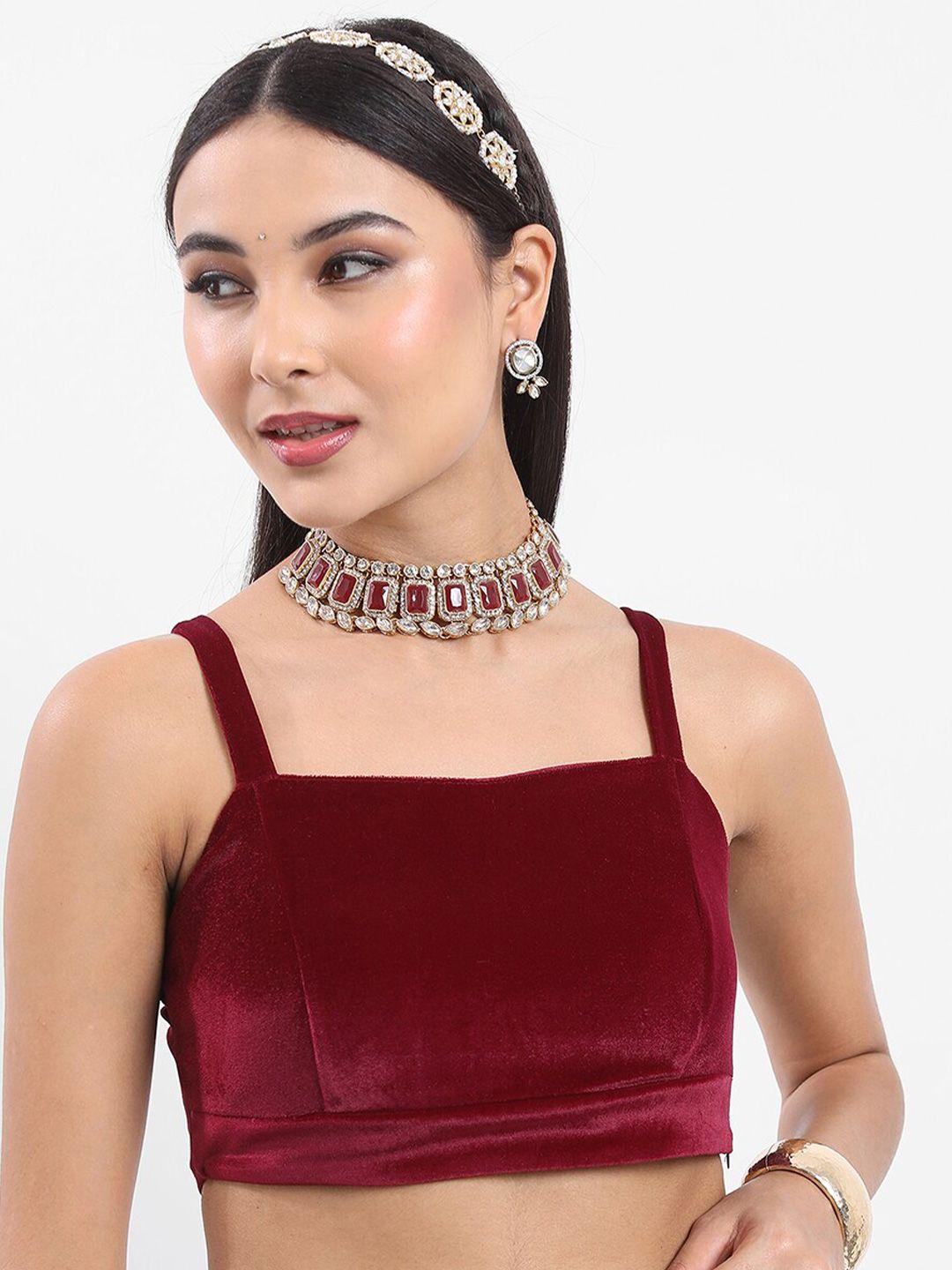 vishudh maroon shoulder straps velvet bralette crop top