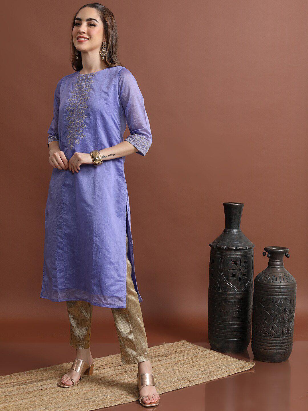 vishudh mauve ethnic motifs embroidered boat neck indigo cotton straight kurta