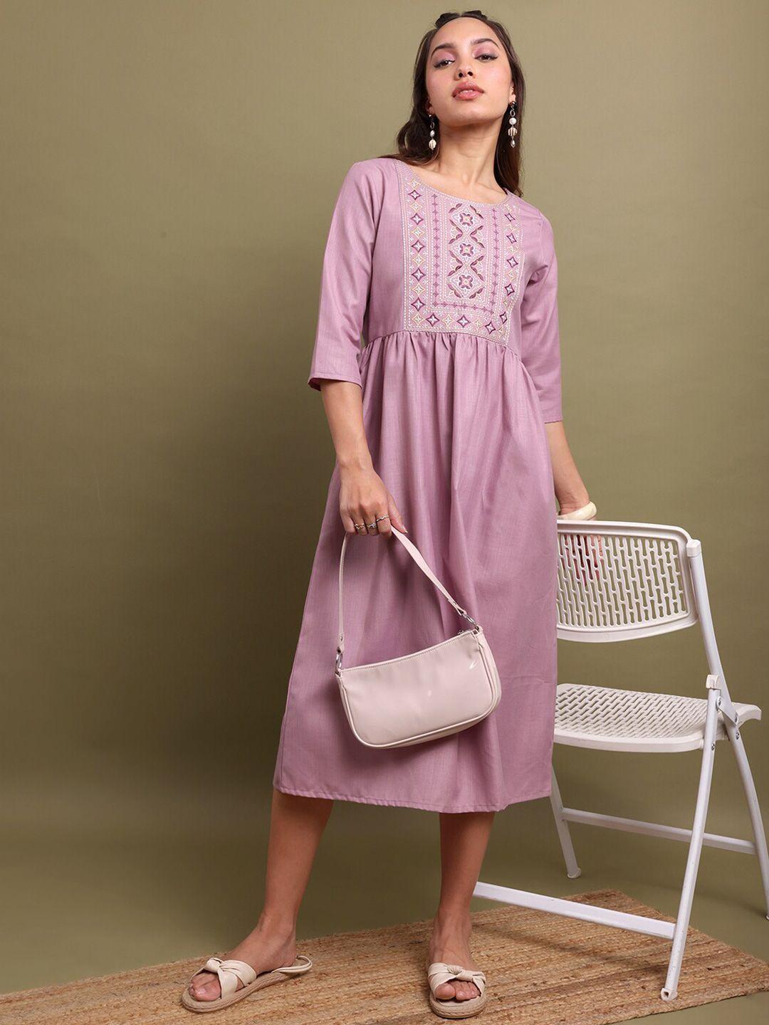 vishudh mauve ethnic motifs embroidered gathered or pleated a-line midi ethnic dress