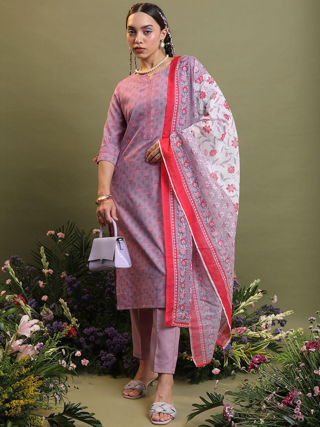 vishudh mauve ethnic motifs printed straight kurta with trousers & dupatta