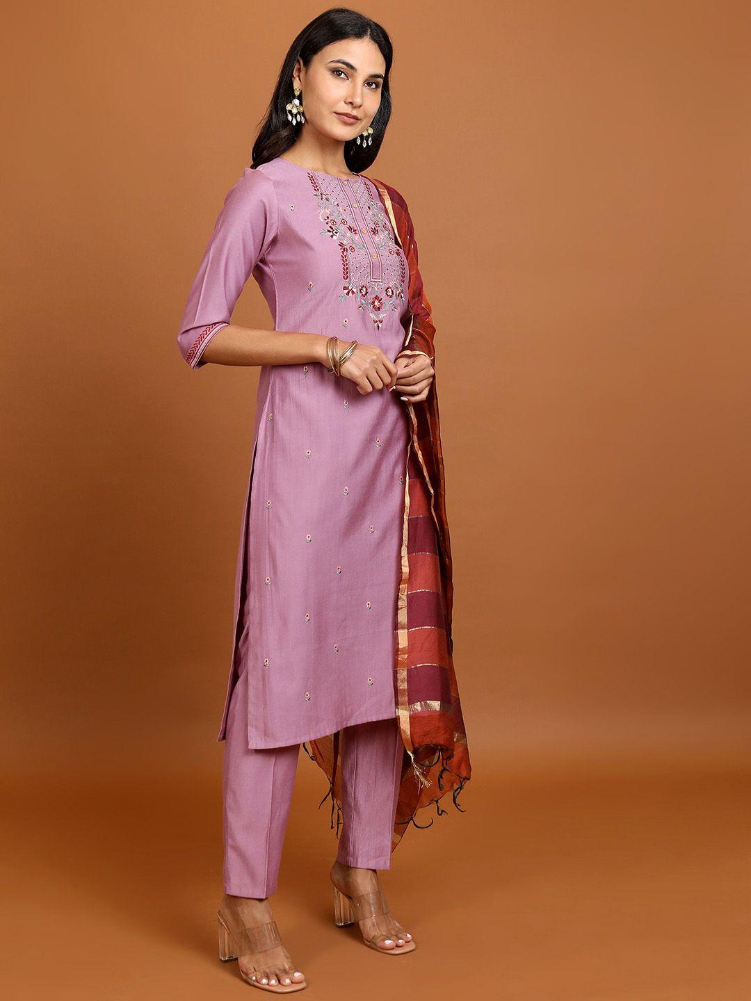 vishudh mauve floral embroidered kurta with trousers & with dupatta