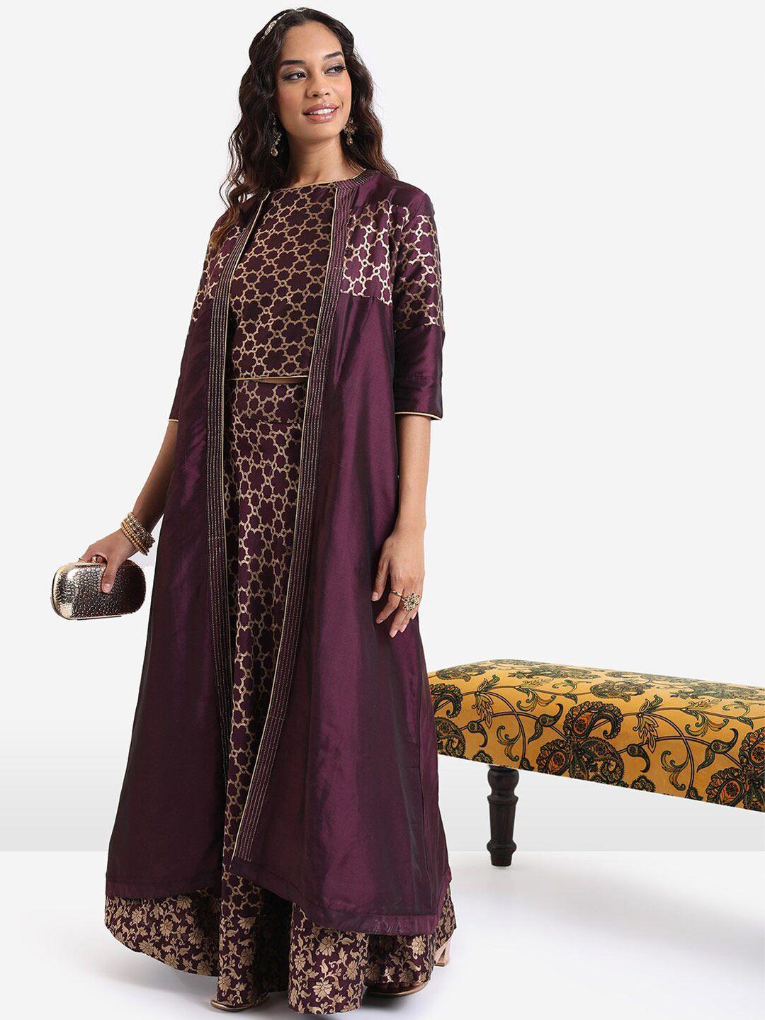 vishudh mauve printed top with skirt and jacket co-ord set