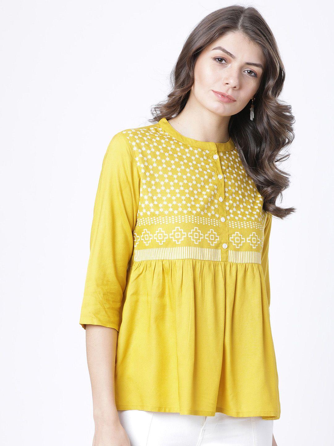 vishudh mustard & white printed gathered top