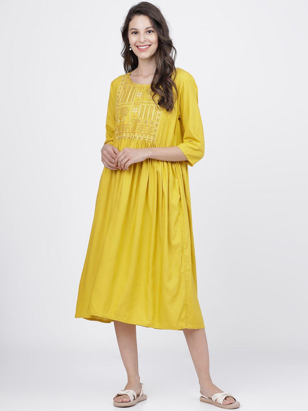 vishudh mustard ethnic motifs ethnic a-line midi dress