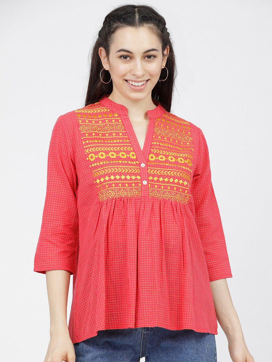 vishudh mustard yellow & pink geometric embroidered gathered pure cotton a-line top