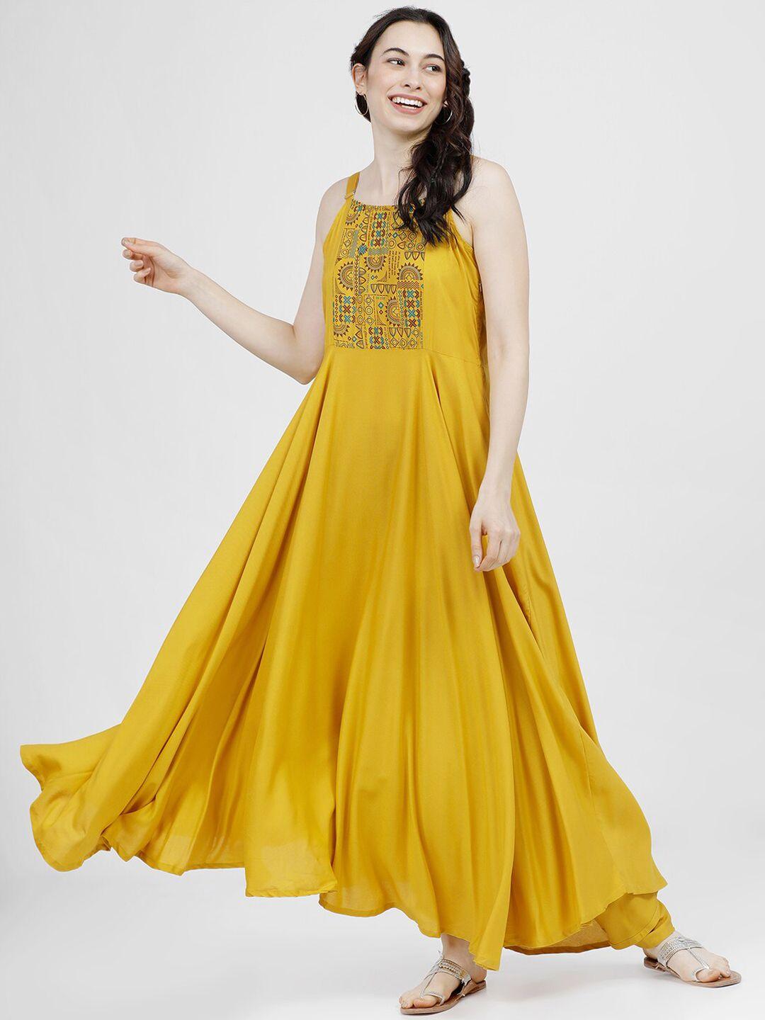 vishudh mustard yellow ethnic motifs maxi dress