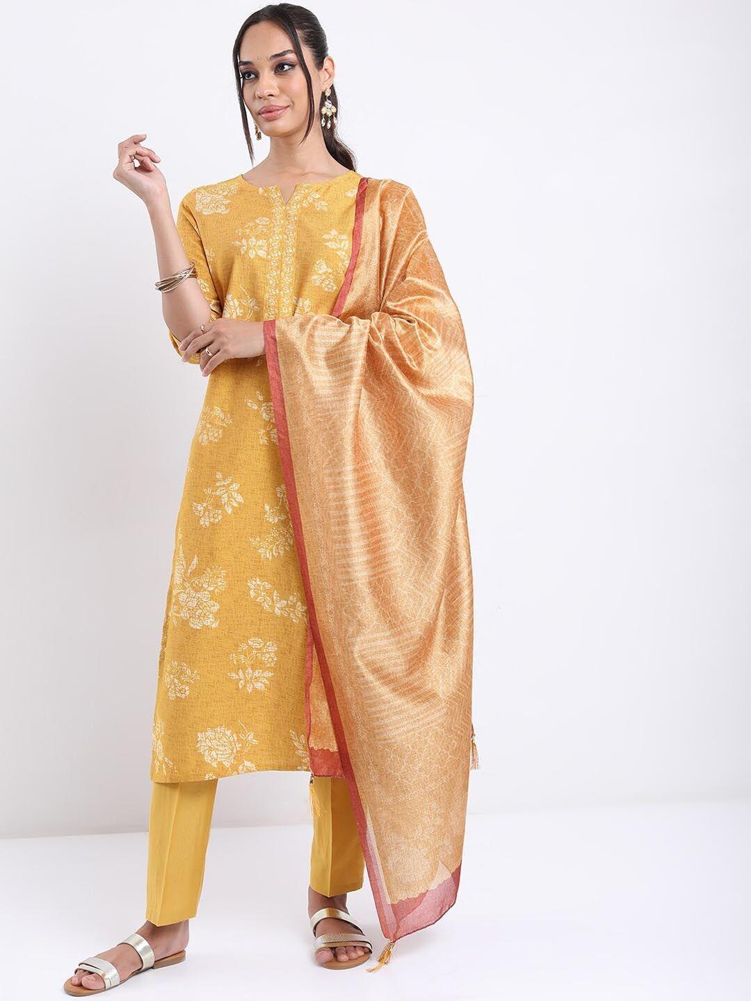 vishudh mustard yellow ethnic motifs printed kurta with trousers & with dupatta