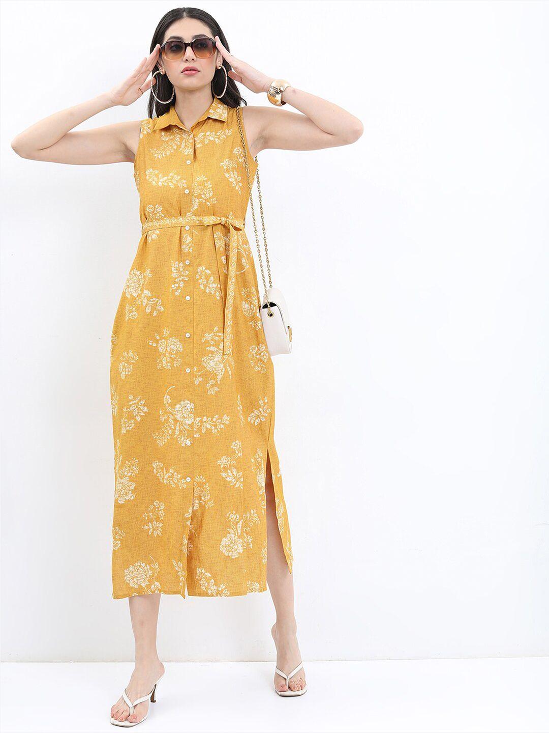 vishudh mustard yellow floral tie-up neck a-line midi dress