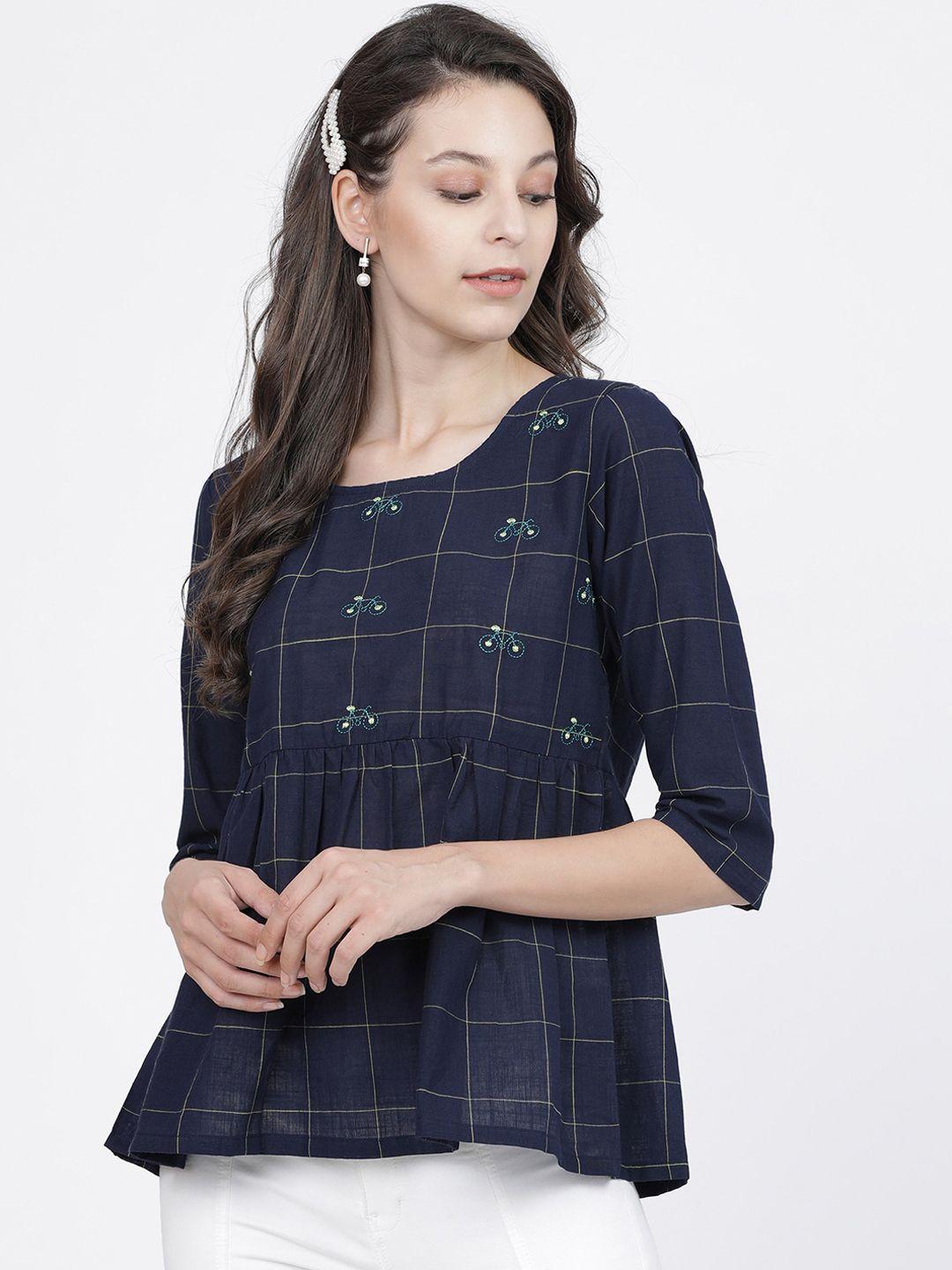 vishudh navy blue checked a-line top