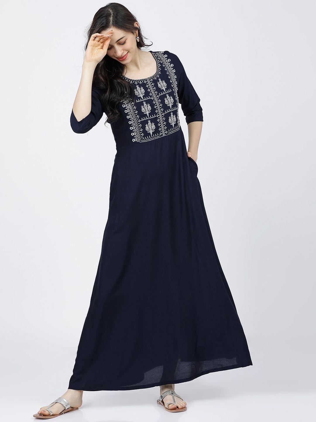 vishudh navy blue ethnic motifs embroidered maxi dress