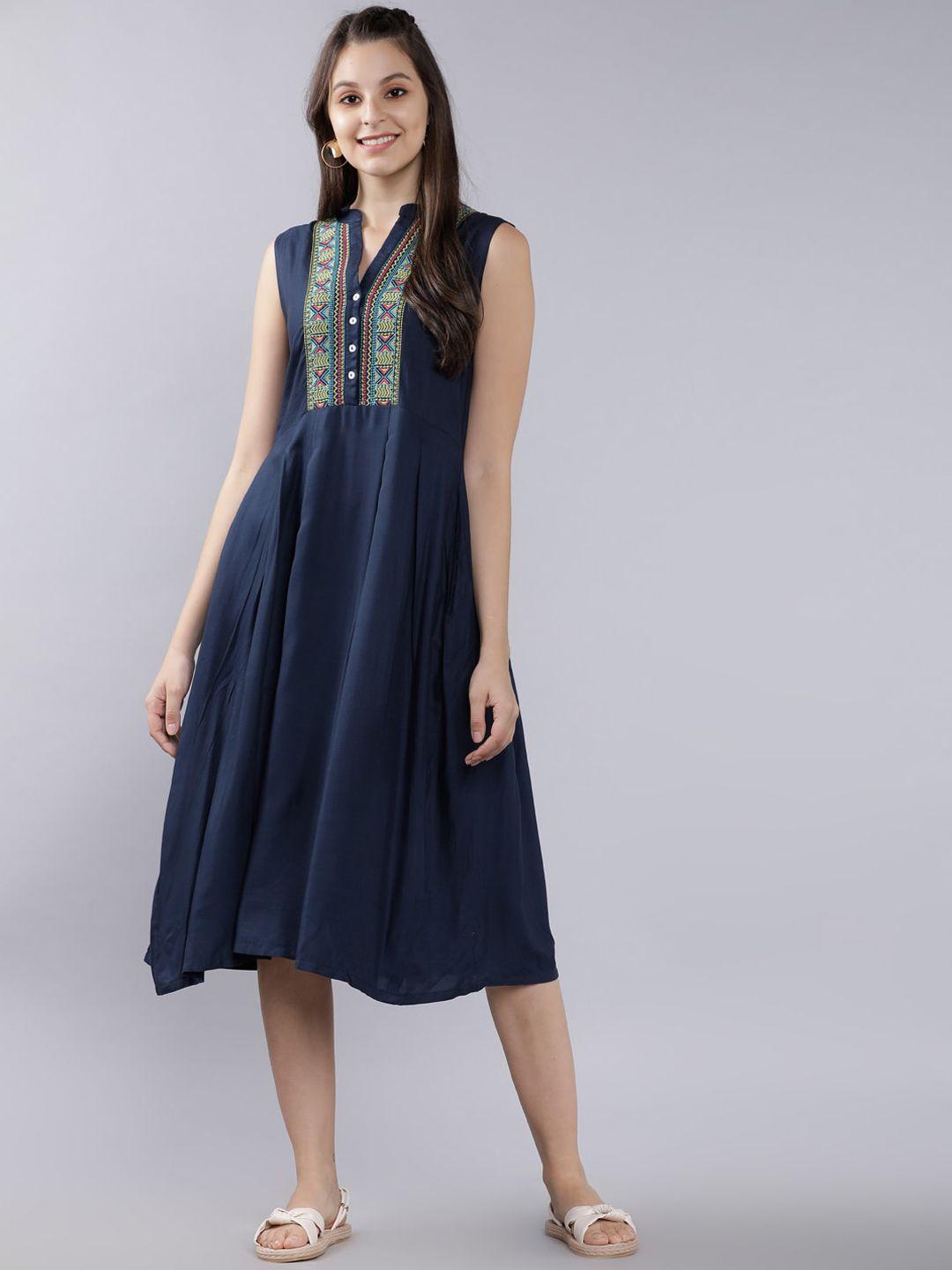 vishudh navy blue ethnic motifs print midi dress