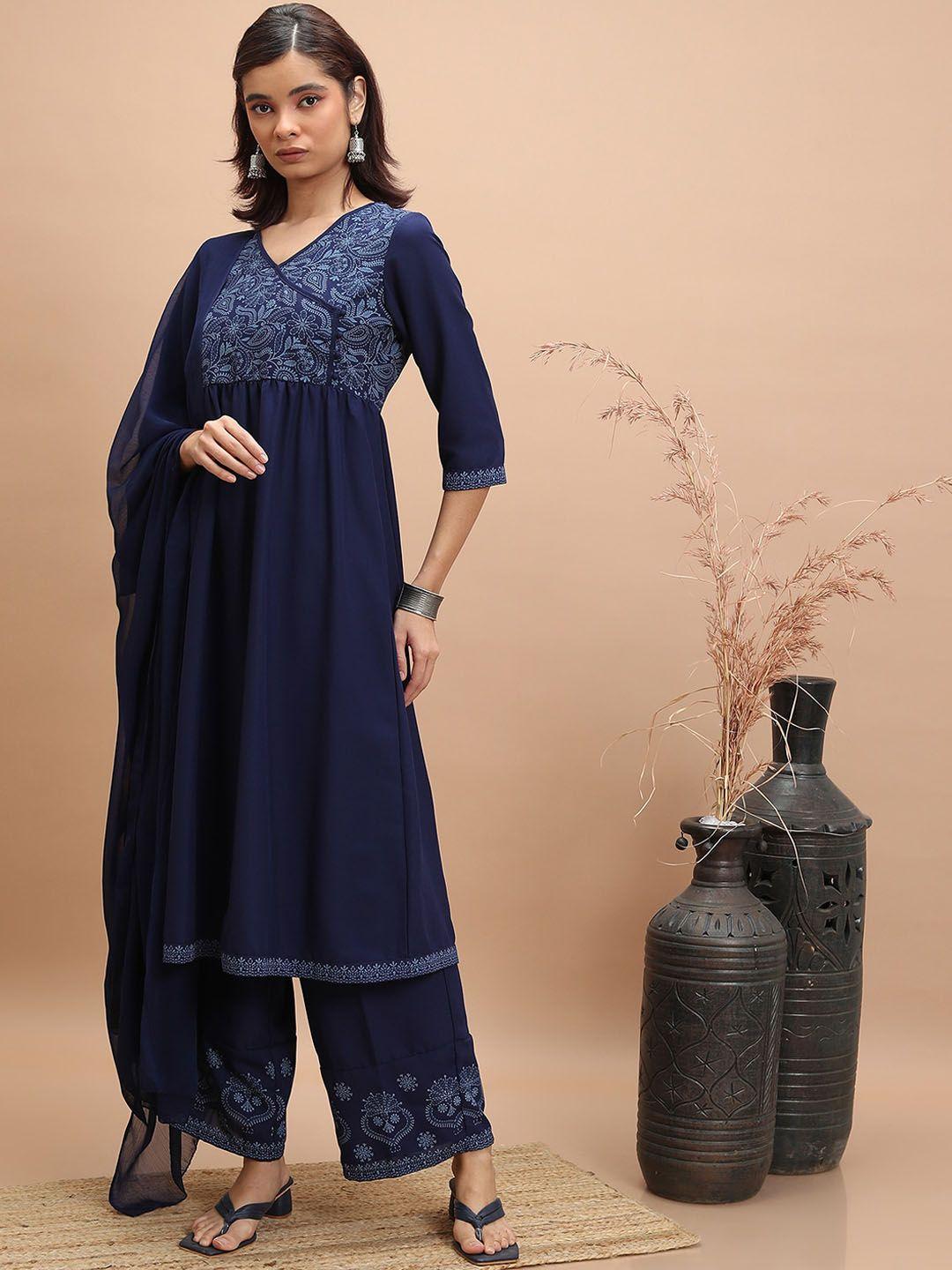 vishudh navy blue ethnic motifs printed a-line angrakha kurta with palazzos & dupatta