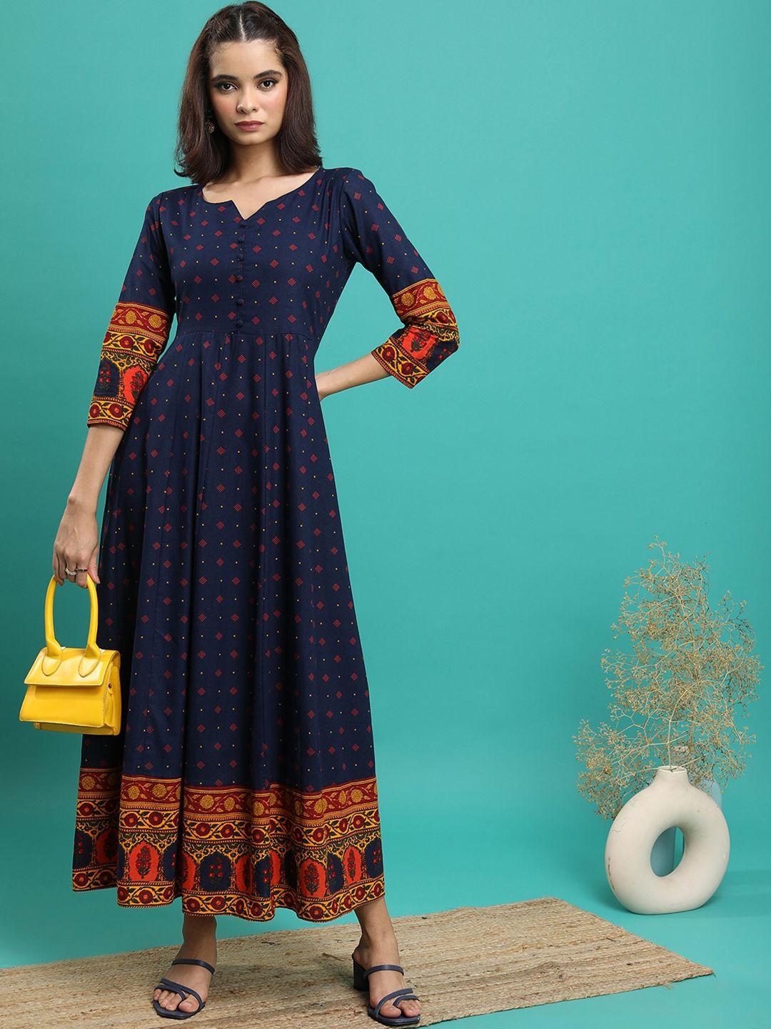 vishudh navy blue ethnic motifs printed notched neck maxi dress