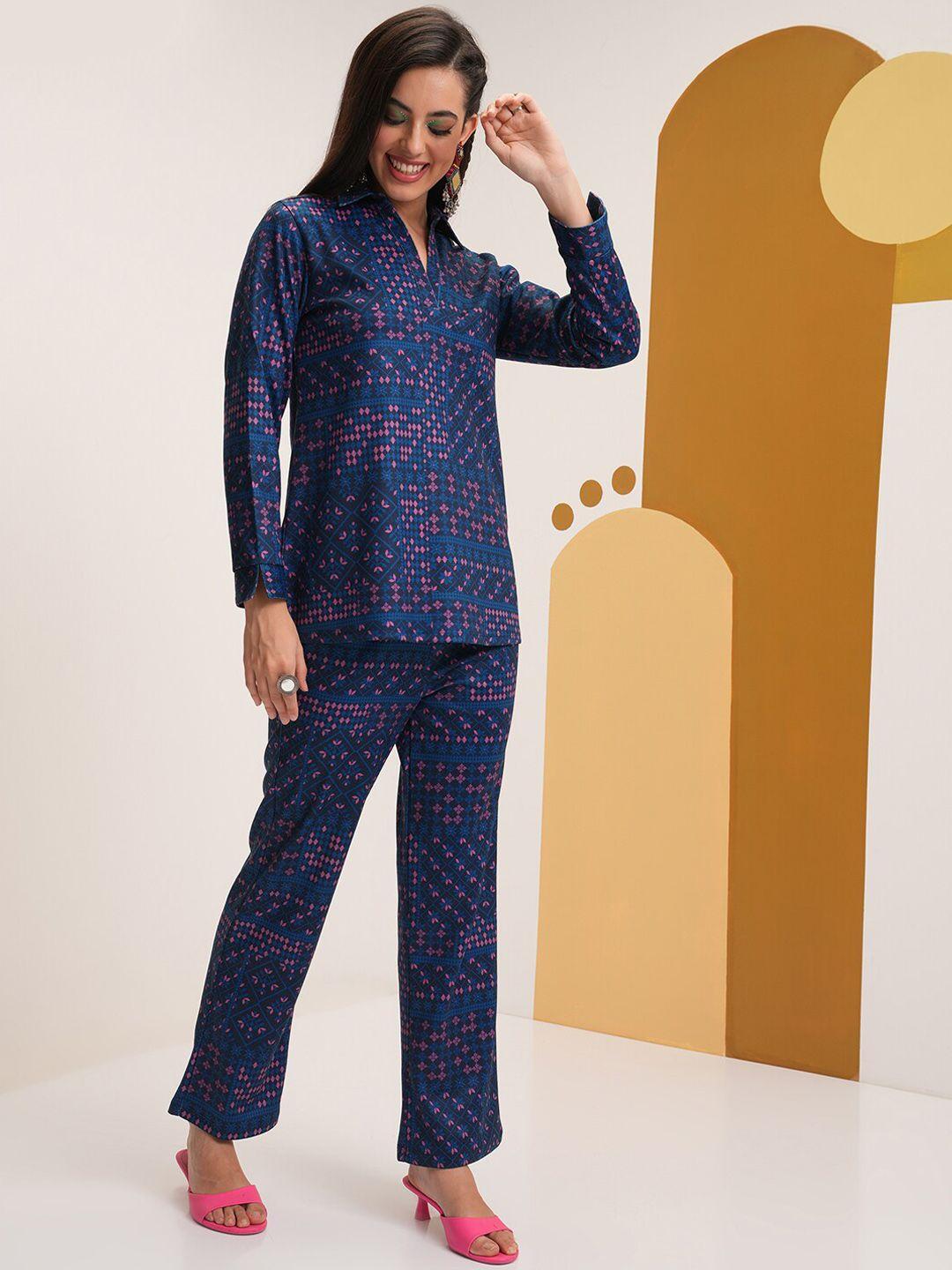 vishudh navy blue ethnic motifs printed shirt collar tunic with trouser