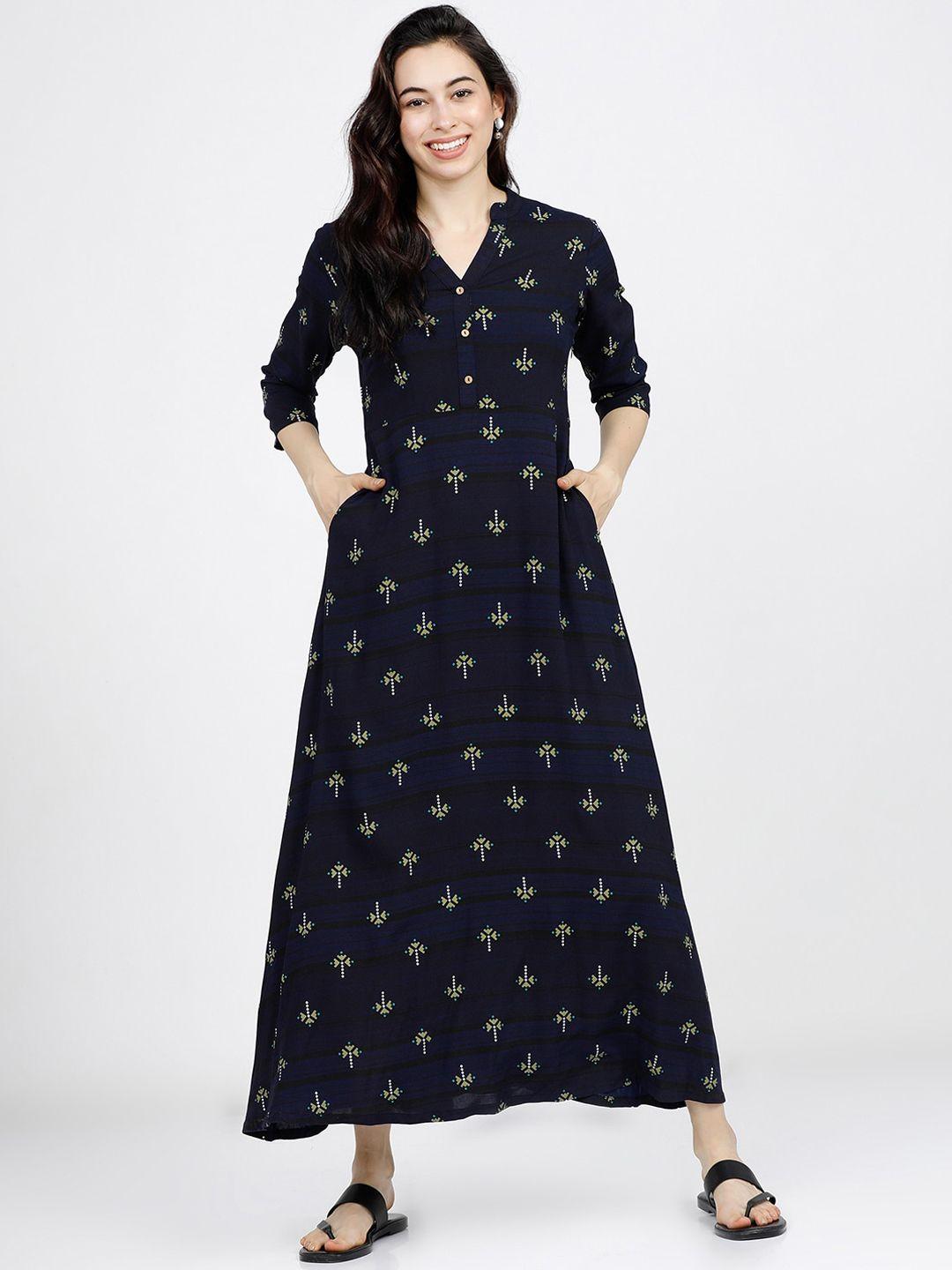vishudh navy blue geometric printed maxi dress