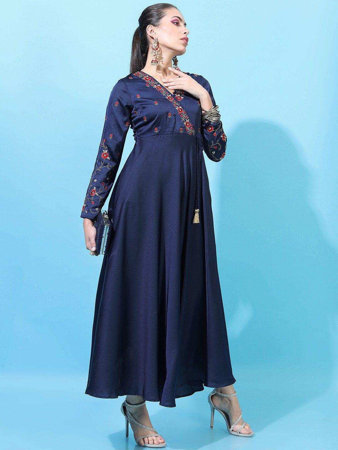 vishudh navy blue satin maxi dress