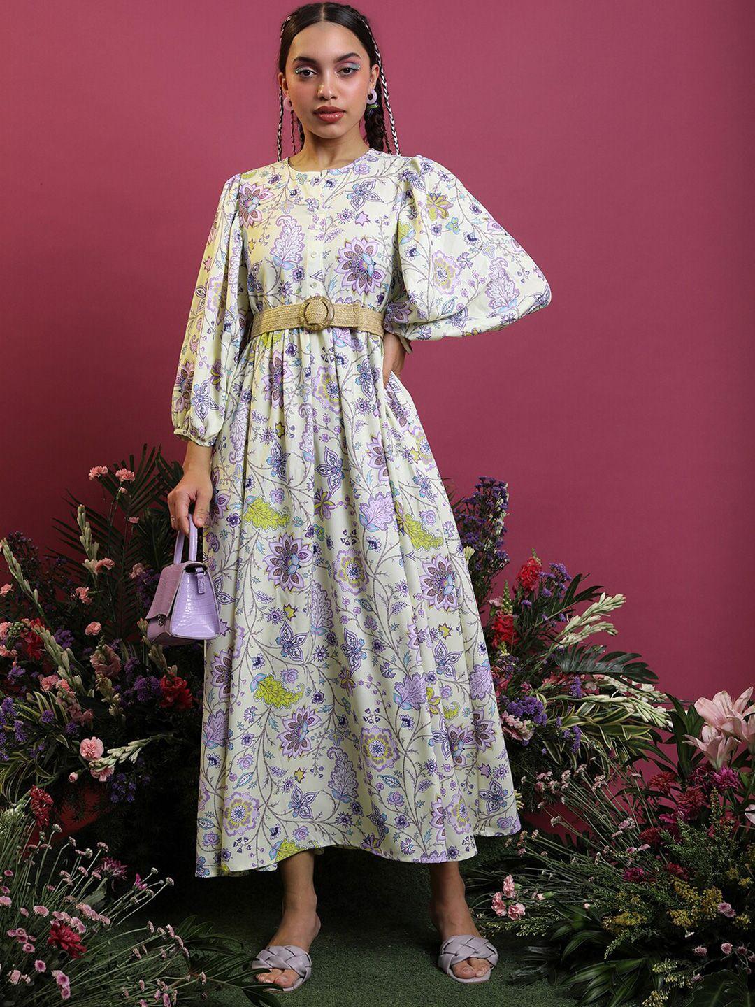 vishudh off white & lime green floral printed puff sleeve fit & flare midi dress