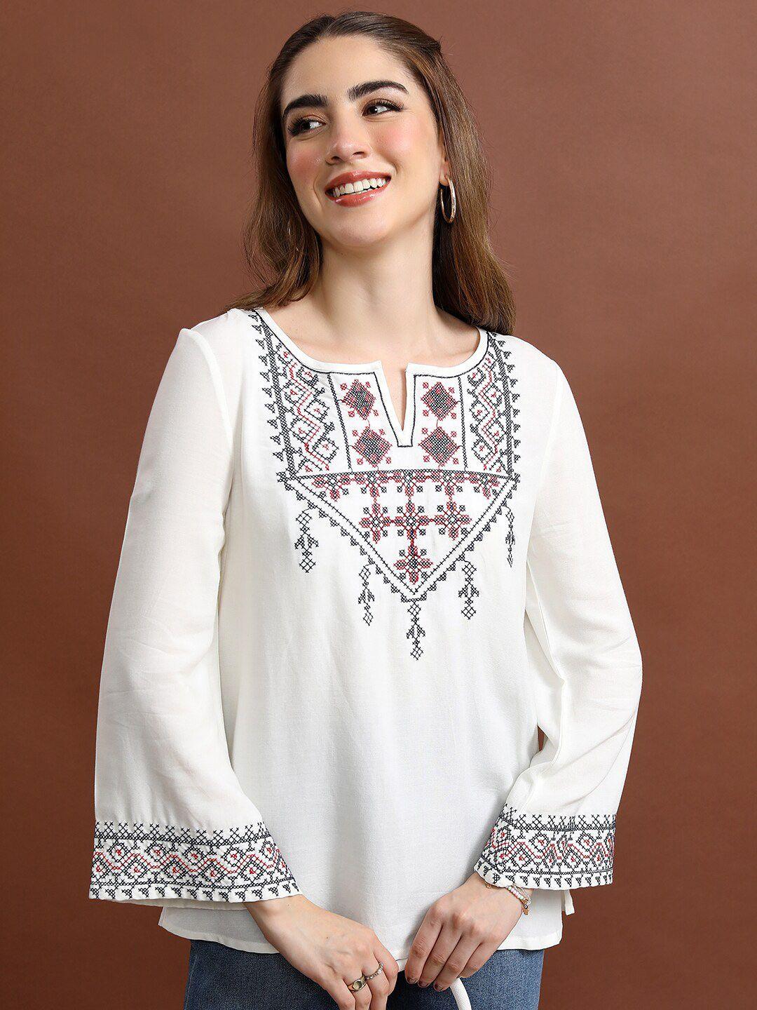 vishudh off white ethnic motifs embroidered flared sleeves top