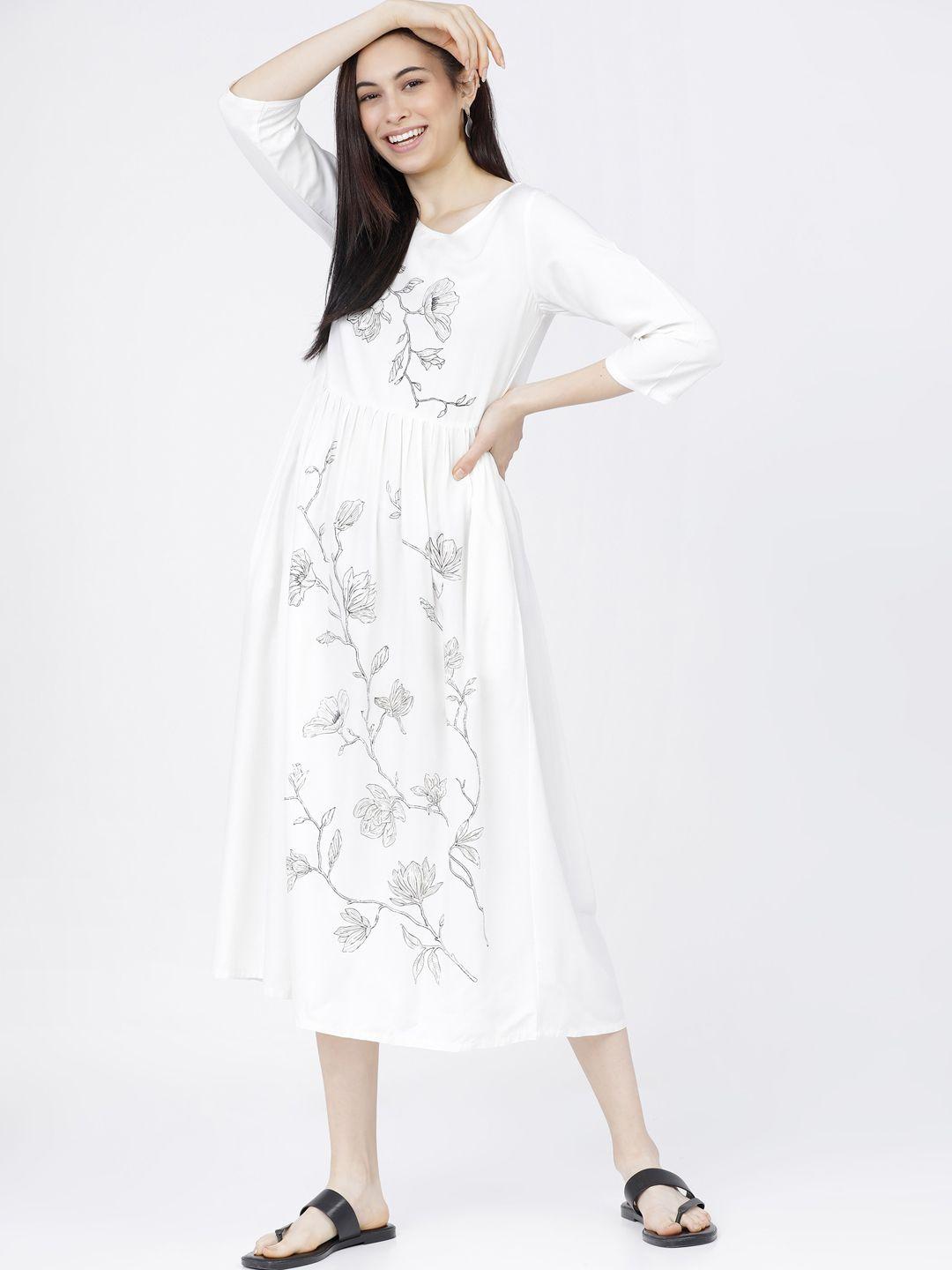 vishudh off white floral a-line midi dress