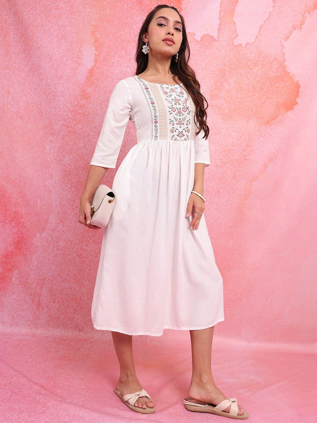 vishudh off white floral embroidered gathered or pleated cotton fit & flare midi dress