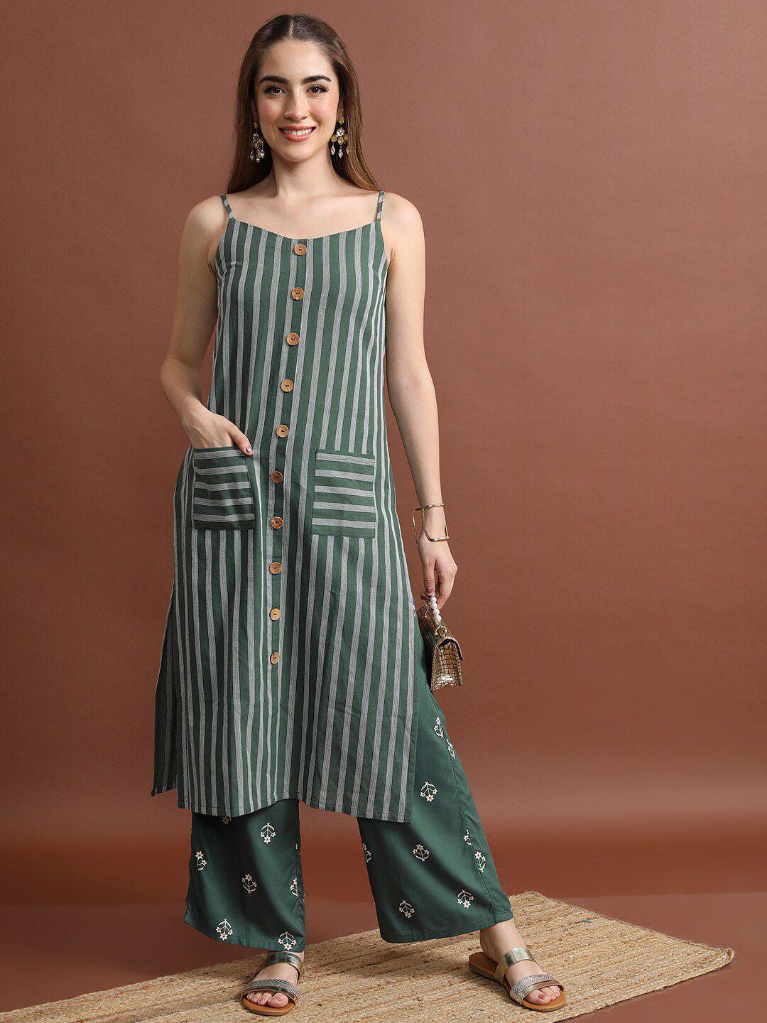 vishudh olive green striped shoulder straps straight kurta with palazzos