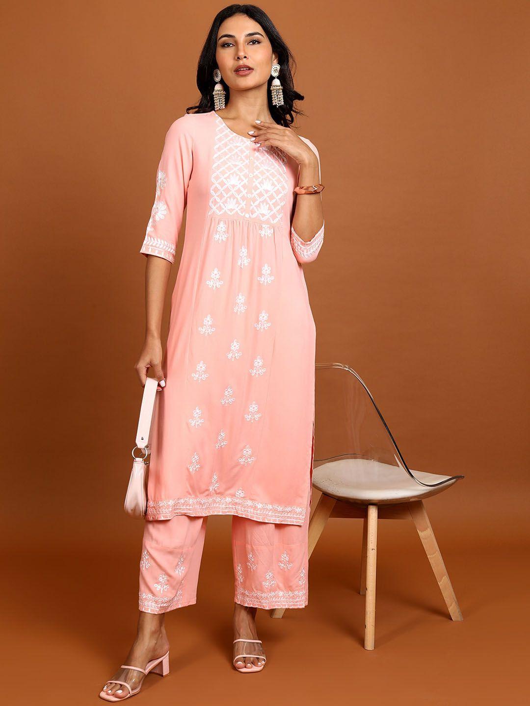 vishudh peach-coloured floral embroidered straight kurta with palazzos