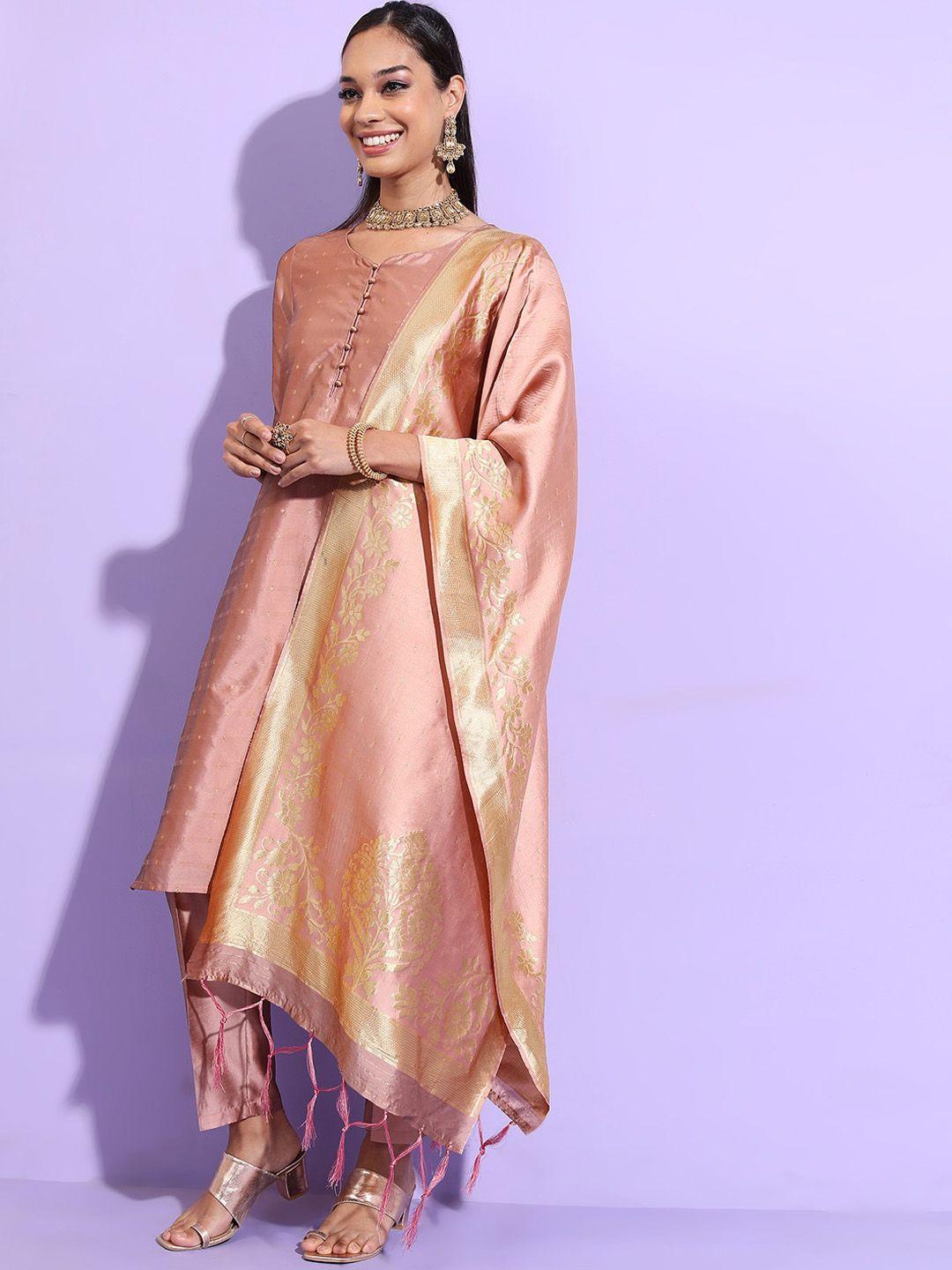 vishudh peach floral woven design regular kurta with trousers & dupatta