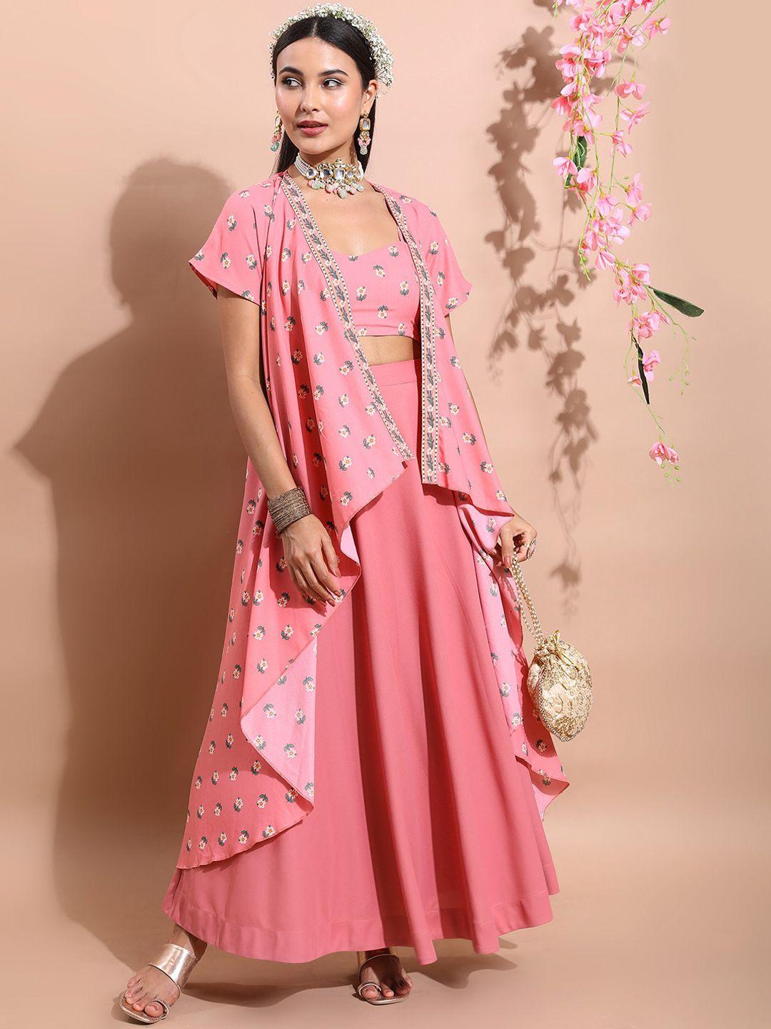 vishudh pink & green floral printed ethnic top with palazzos & jacket