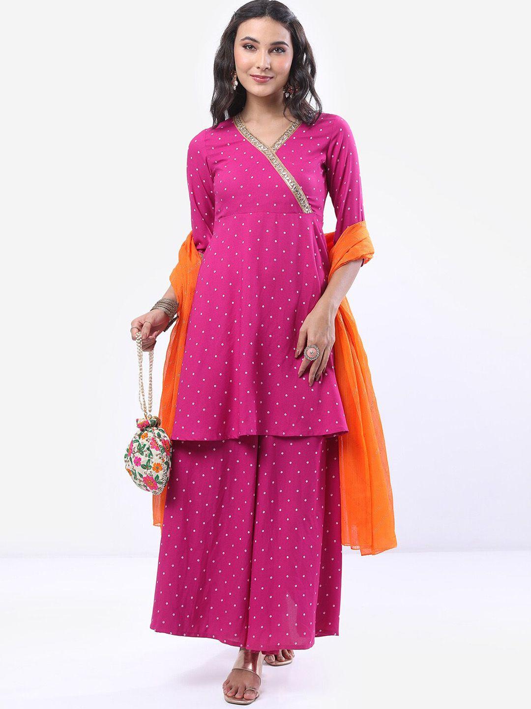 vishudh pink & orange ethnic motifs printed v neck a-line kurta with palazzos & dupatta