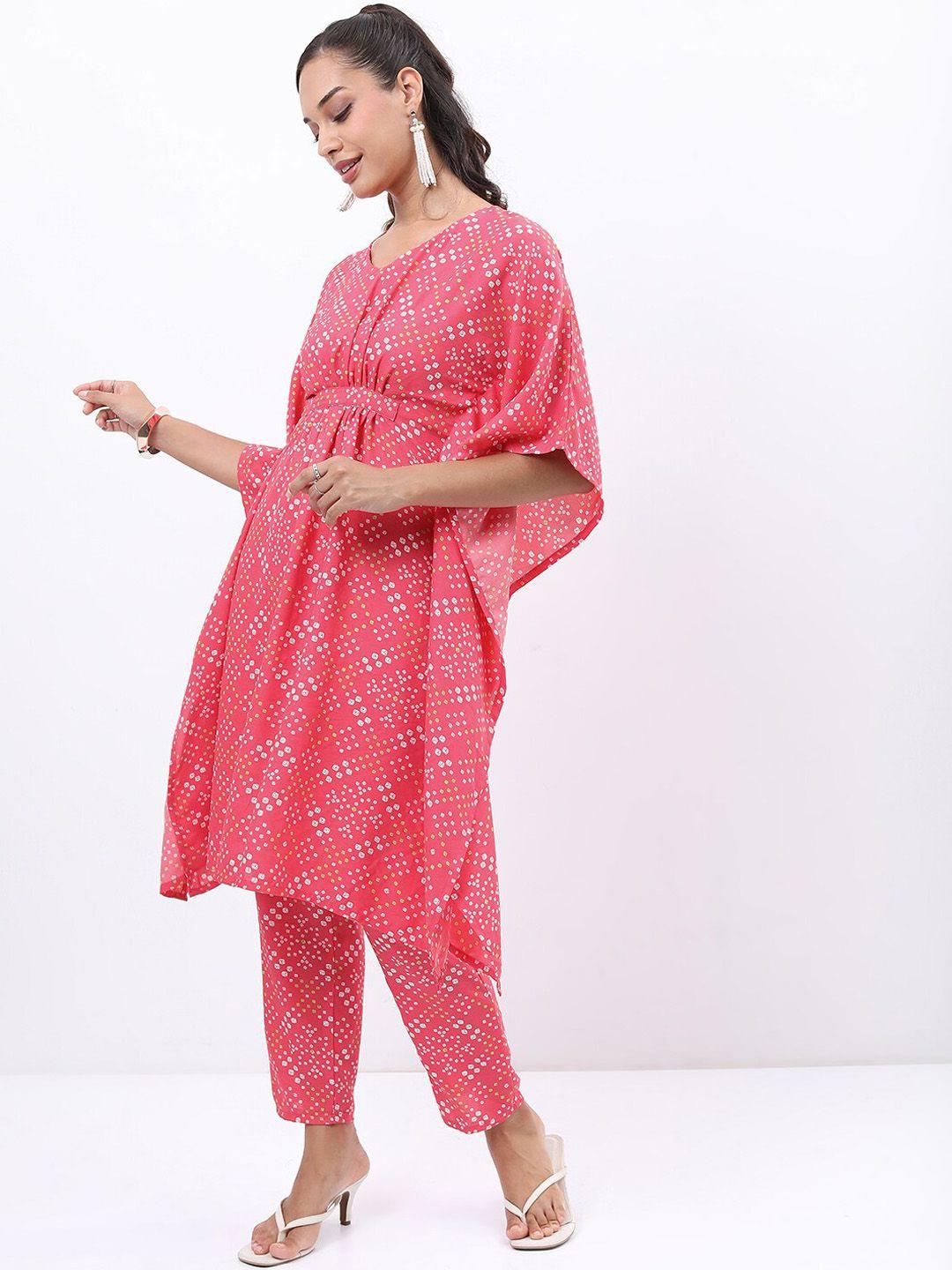 vishudh pink & white ethnic motifs printed kaftan kurta with trousers