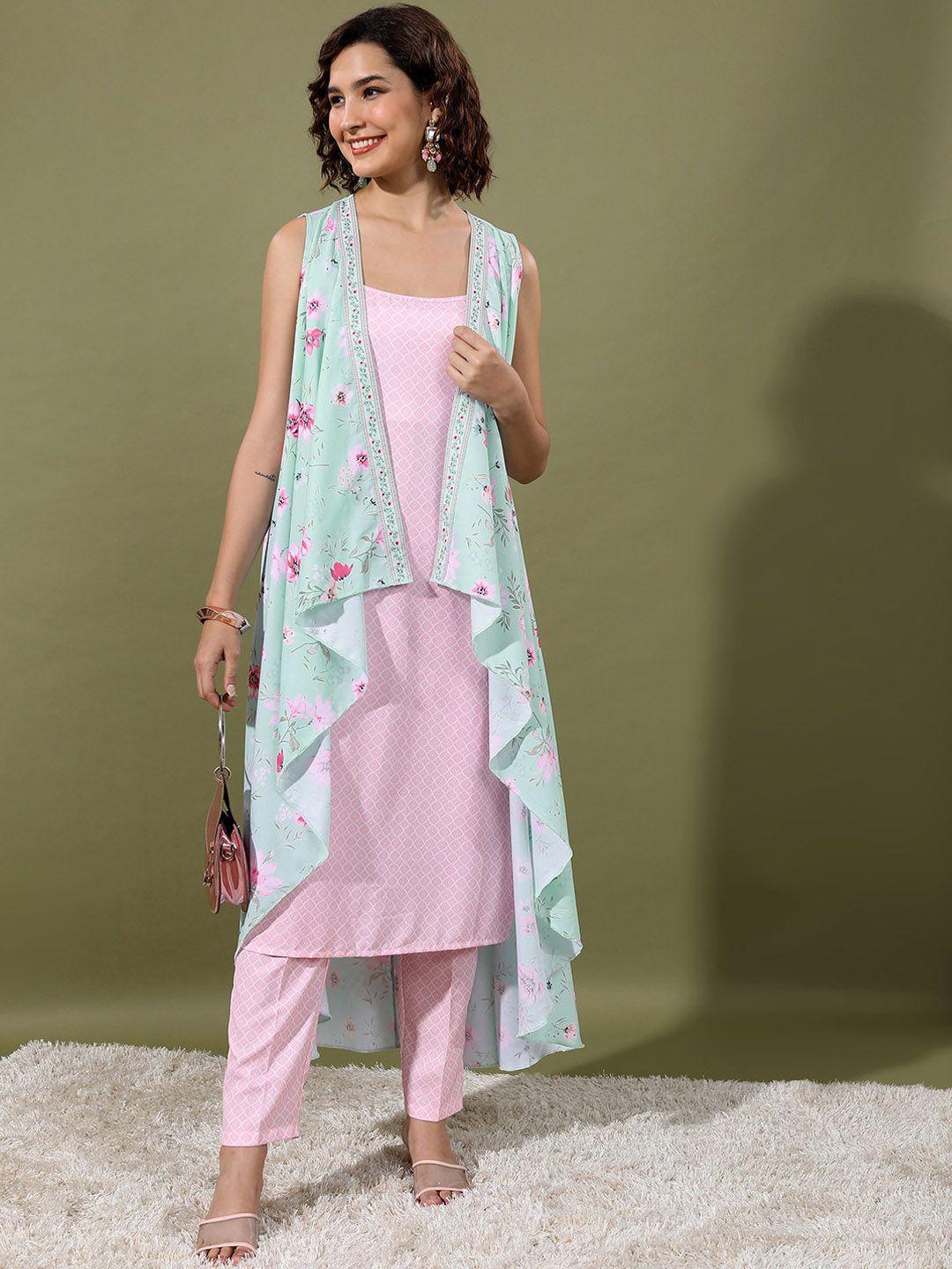 vishudh pink & white ethnic motifs printed regular kurta with trousers & jacket